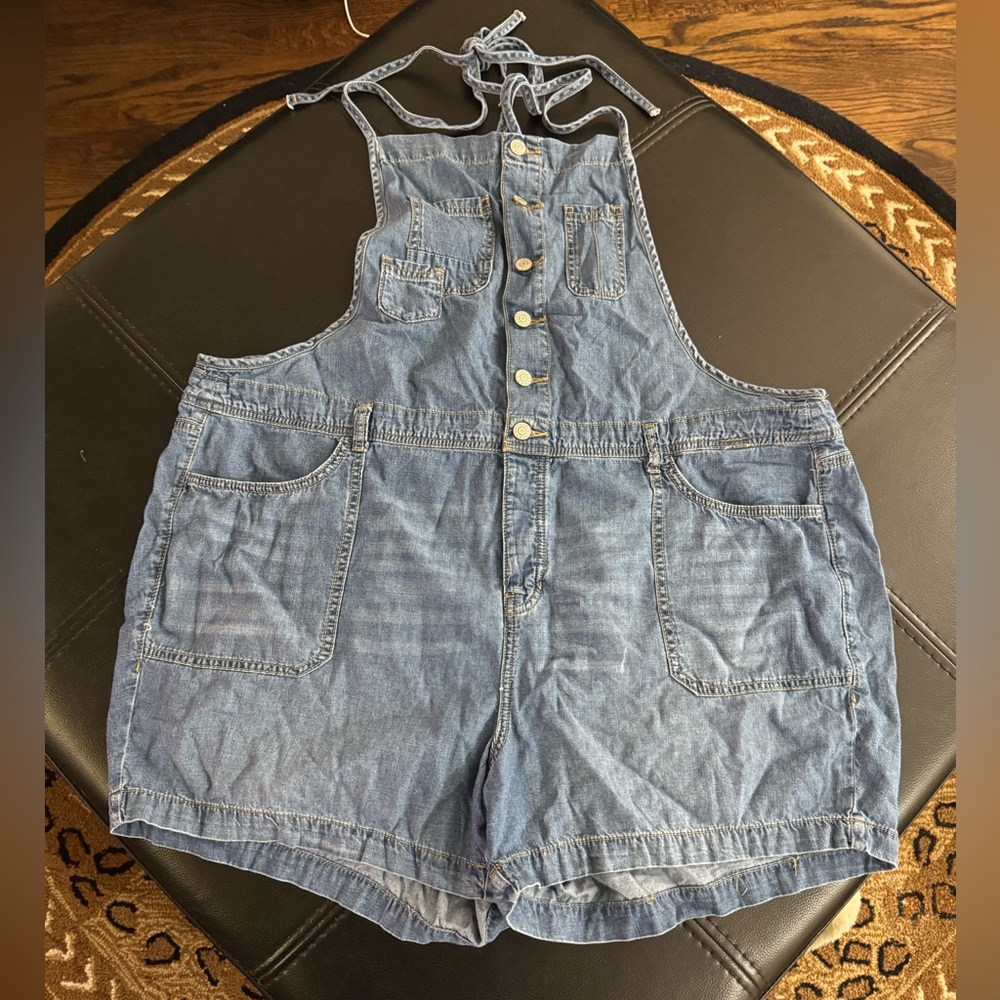 torrid Blue Denim Short Overalls with Button-Front Bib